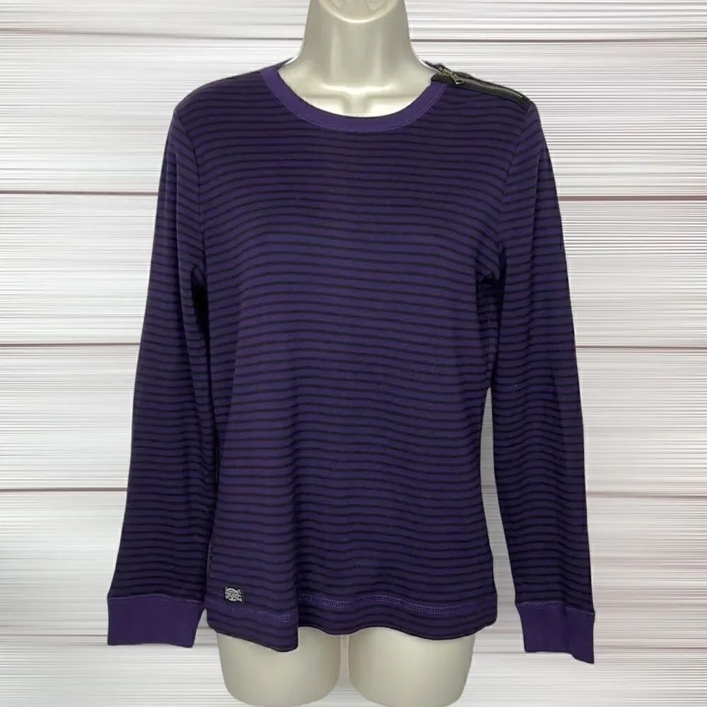 Lauren Ralph Lauren Purple Top Tee Long Sleeves Zip shoulder Elbow Patch M